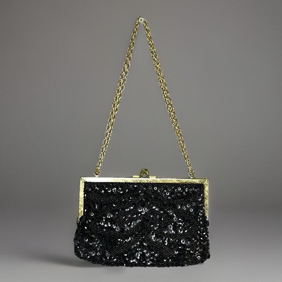Vintage 1960s Sequined Evening Bag Black Beads Gold Framed Clutch Kisslock Chain - Picture 1 of 8